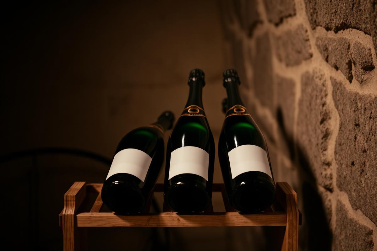 Unlabelled sparkling wine bottles resting on a wooden rack in a stone cellar.