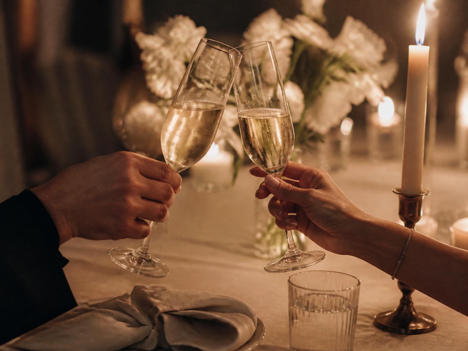 Two glasses of champagne raised at a table set for a celebration.