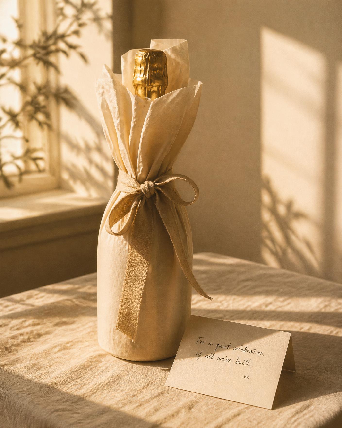 A champagne bottle wrapped in soft paper and tied with a linen ribbon on an ivory tablecloth.