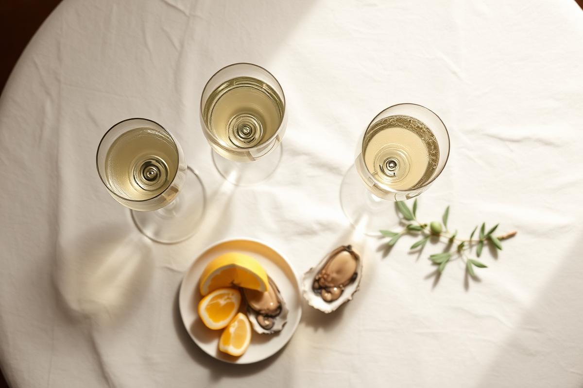 Overhead view of three coupes of sparkling wine, a plate of oysters and an olive sprig on a linen tablecloth.