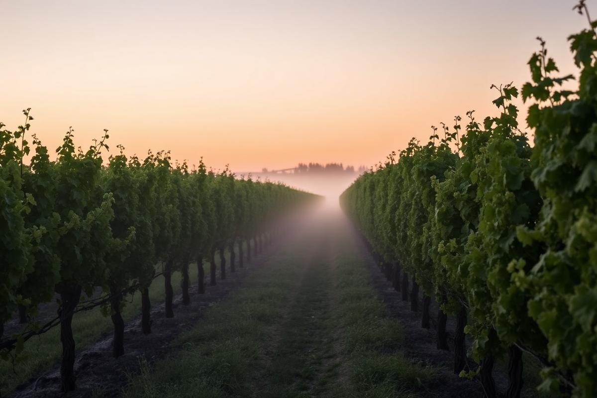Rows of vines at dawn, mist drifting between them.